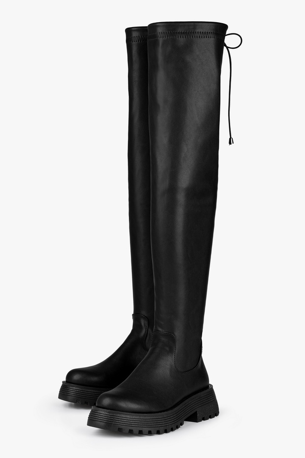 Női Margot fekete vastag talpú hosszú sztreccs rugalmas csizma fekete bőr - 1