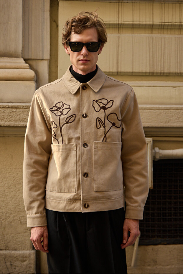 Erkek Çiçek Desenli Ceket Bej - 1