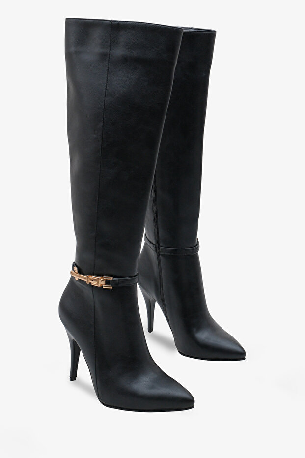 Women's Gold Buckle Side Zipper Heeled Boots Tetvey Black
