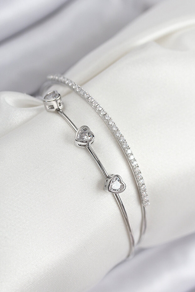 Brass Zircon Stone Heart Model Silver Color Women's Bracelet -