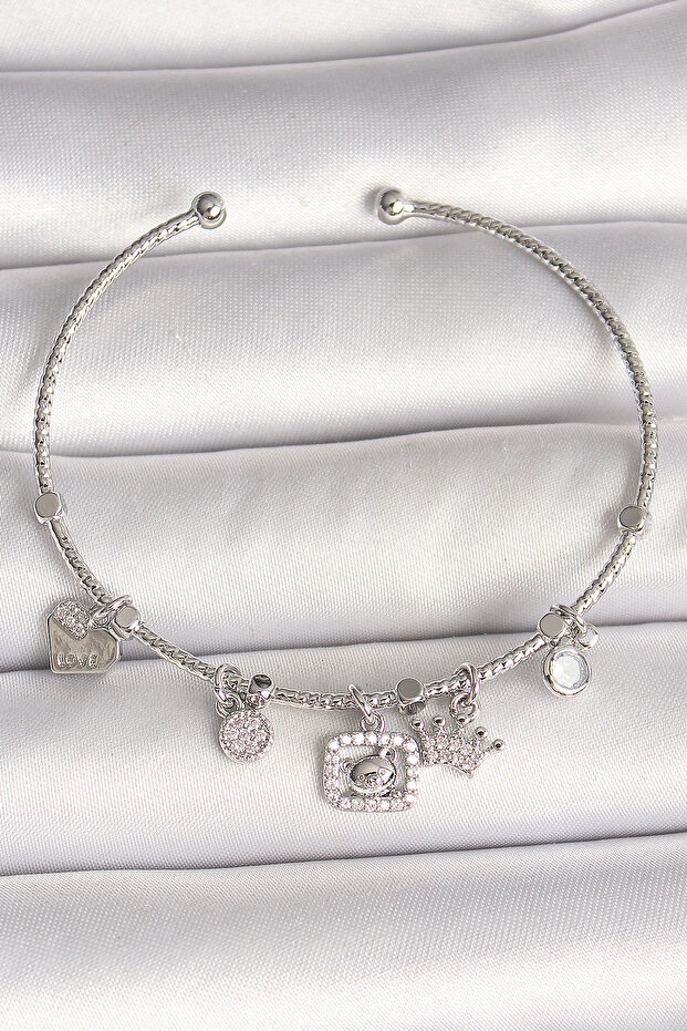 Brass Silver Color Dangle Zircon Stone Teddy Bear Figure Crown Detail Charm Women's Bracelet -