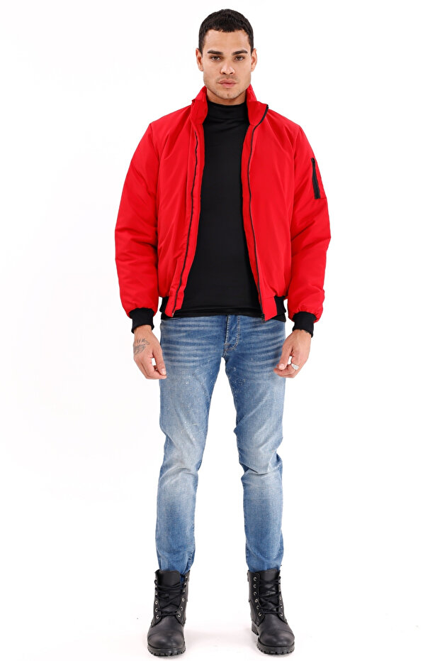 Kurtka męska w kolorze czerwonym z podszewką i stójką, sezonowa, wiatroszczelna i wodoodporna z kieszeniami - 6