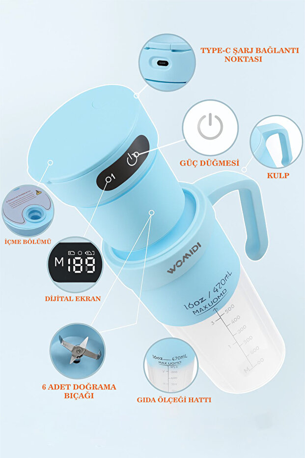 Şarjlı Taşınabilir Sporcu Blender Smoothie Blender 470 ml Kapasiteli-Buz Kırıcı -Kişisel Blender - 3