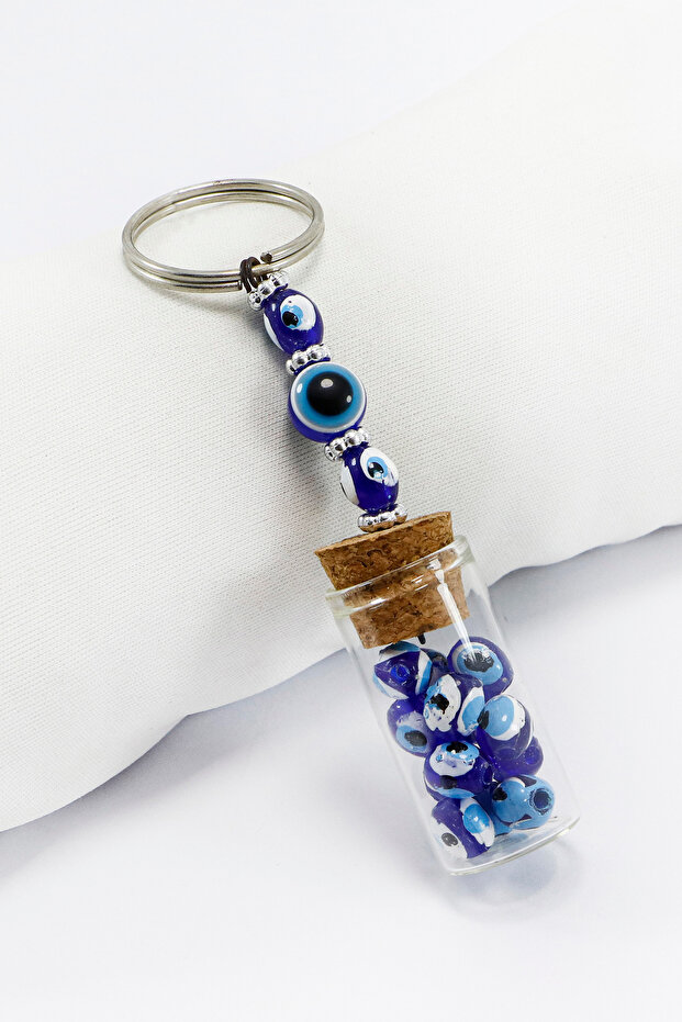 Evil Eye Beaded Keychain in a Handmade Glass Bottle, Gift Keychain