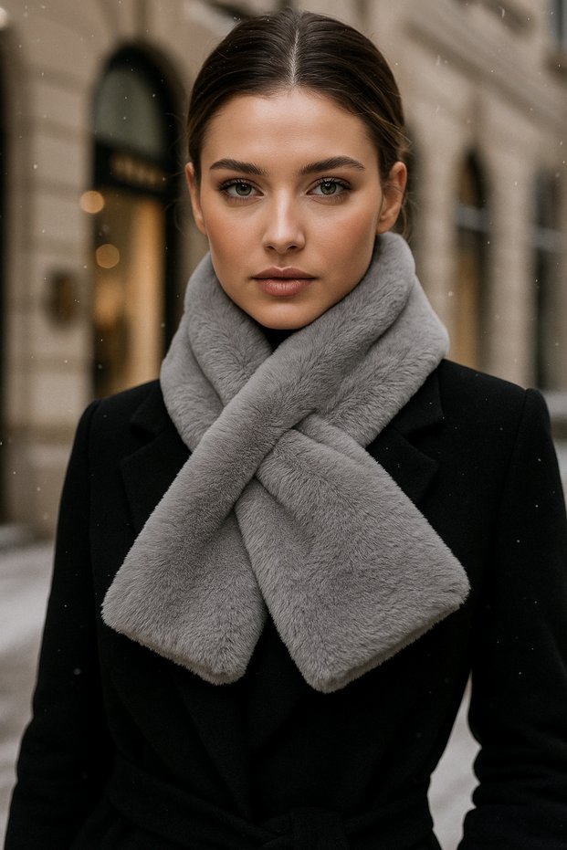 Gray Soft Furry Plush Neck Collar Scarf - for Fashion and Keeping Warm, Cold Weather Accessory Byn01