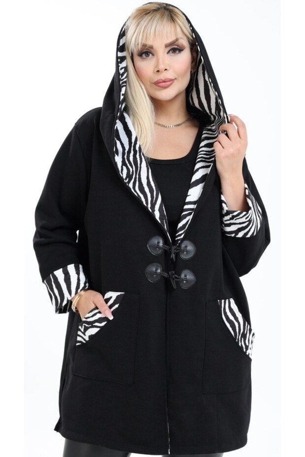 Hooded Pocket Long Cardigan with Zebra Pattern on the Sleeves and Hood, Turn-Down Collar and Pockets