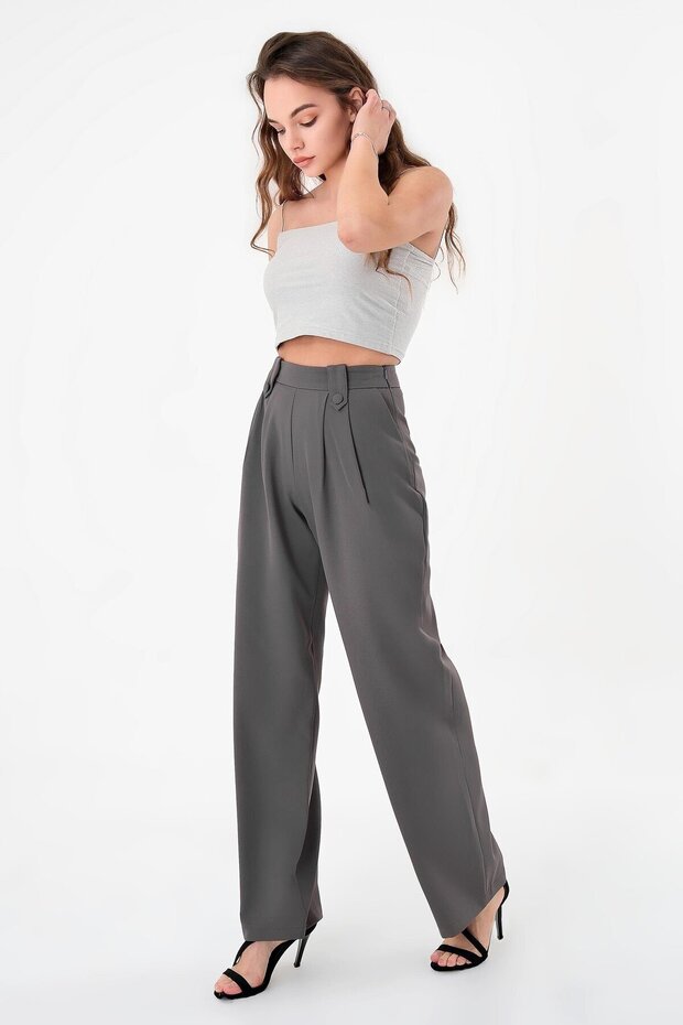 Women's Anthracite Buttoned High Waist Palazzo Trousers