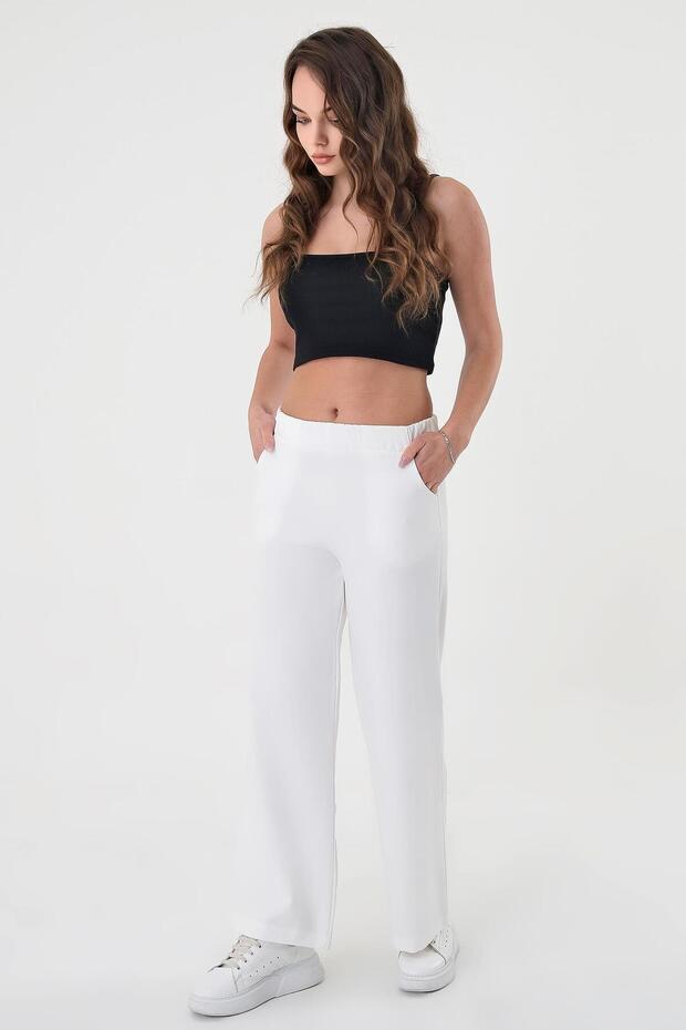 Women's White High Waist Elastic Wide Leg Pants