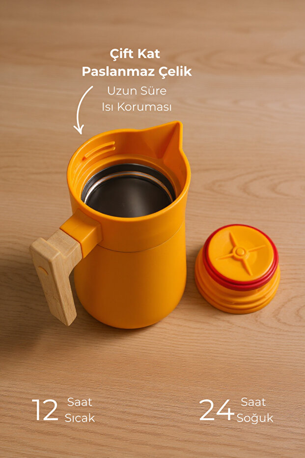 Bambu Saplı Çelik Termos Turuncu 1,5 Litre - 5