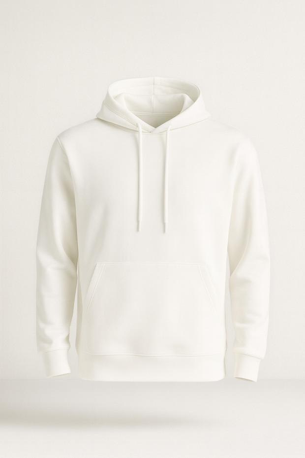 Luc Oversize Basic Dalgıç Kumaş Viskon Kapüşonlu Cepli Sweatshirt Hoodie - Ekru - 1