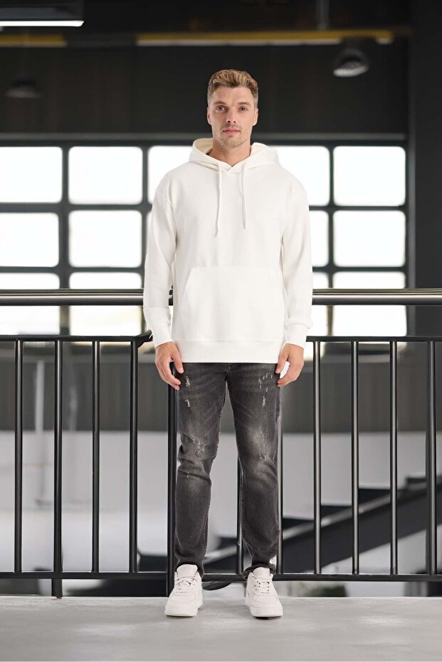 Luc Oversize Basic Dalgıç Kumaş Viskon Kapüşonlu Cepli Sweatshirt Hoodie - Ekru - 6