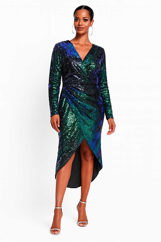 Women Plus Size Green Sequin Detailed Lined Long Sleeve Evening Dress 65N38849