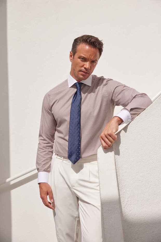 White Italian Collar 100% Cotton Comfort Fit Brown Men's Shirt