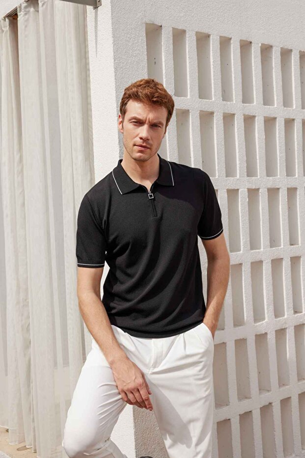 Polo Neck Zippered Knitwear Men's T-Shirt