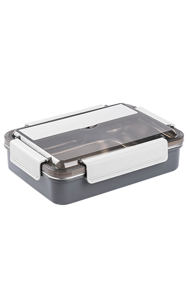 Tantitoni Gray Stainless Steel Rectangular 3 Compartment Food Carrying Container with Fork and Spoon 1.1L