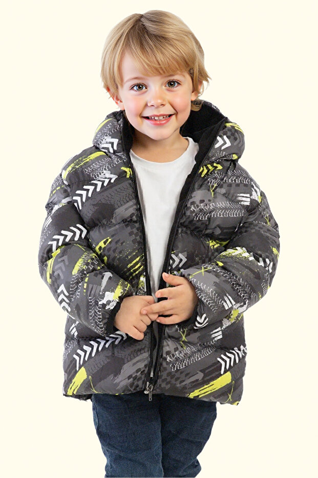 Boy's Yellow Black Digital Pattern Fleece Water and Windproof Hooded Inflatable Winter Coat