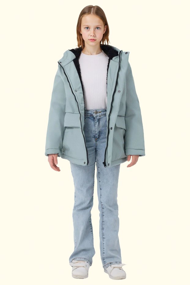 Girl's Mint Green Fur Water and Windproof Hooded 3 Winter Coats & Parkas