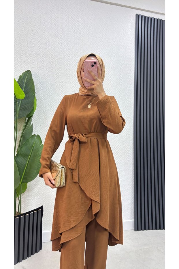 Asymmetrical Cut Skirt with Ruffles, Hijab Tunic and Pants Set-Brc1311