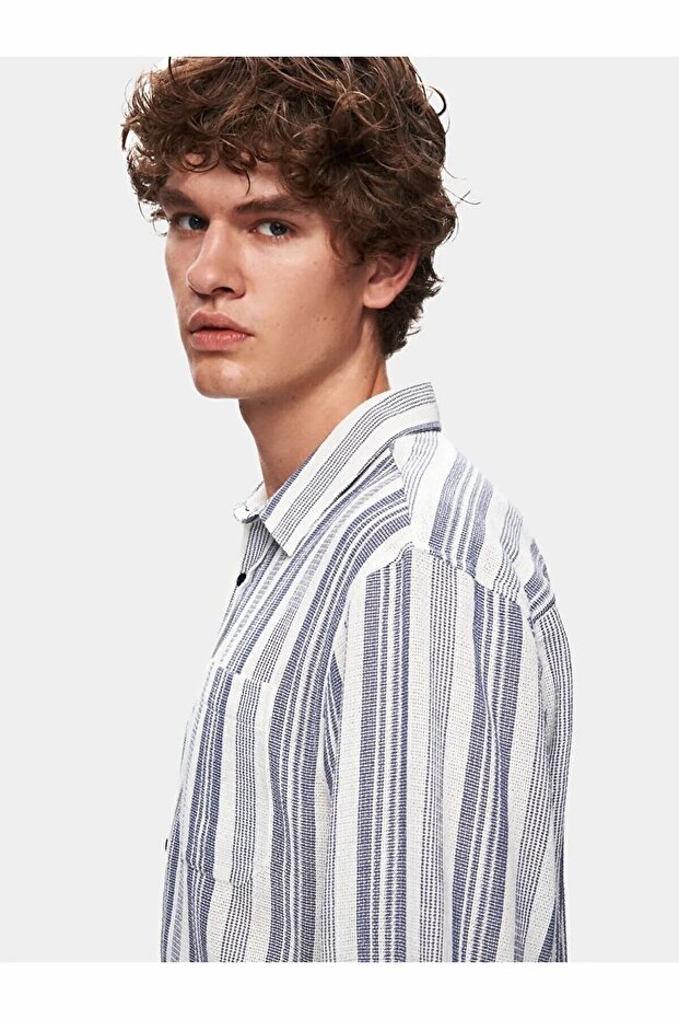 Keten Görünümlü Çizgili Relaxed Uzun Kollu Mavi Gömlek - 4