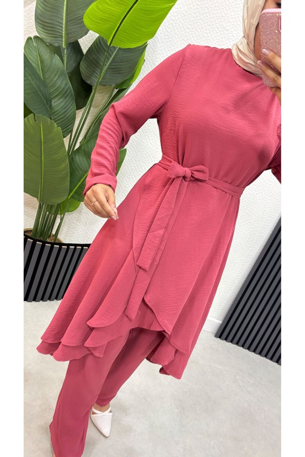 Asymmetrical Cut Skirt with Ruffles, Hijab Tunic and Pants Set-Brc1311