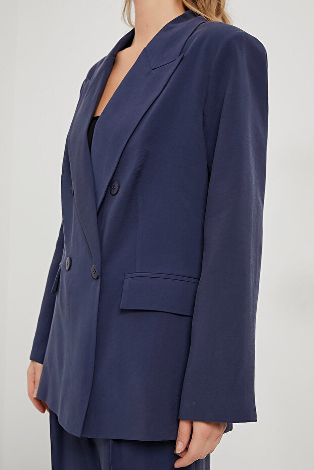 Kadın Premium Basic Oversize Lacivert Blazer Ceket - 4