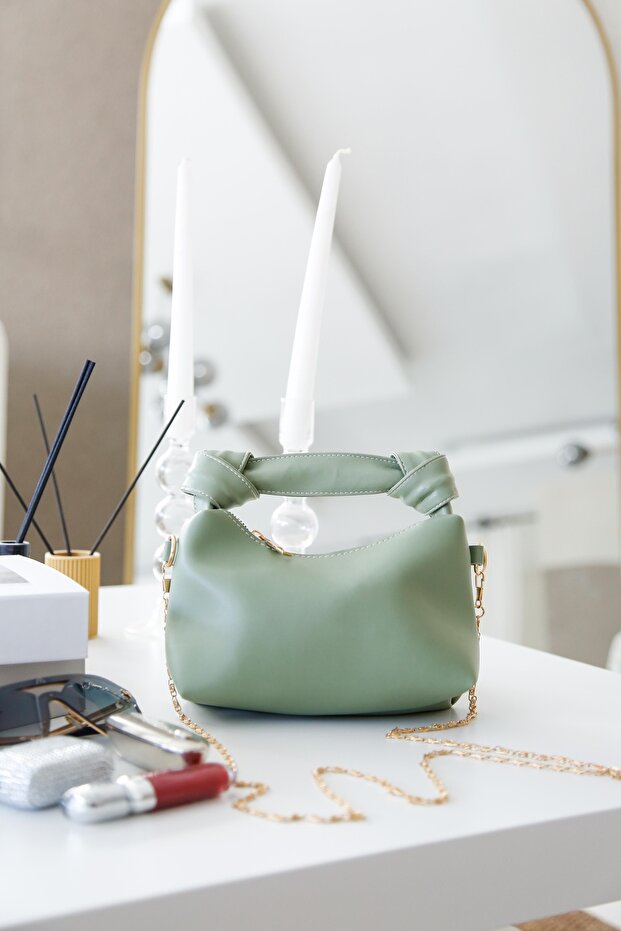 Mint Green Soft Leather Knot Detailed Chain Strap Hand and Shoulder Bag L:14 W:22 W:8 cm
