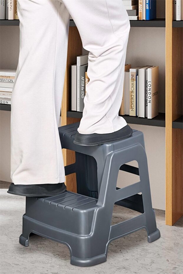 Merdivo Gri 2 Katlı Basamak Merdiven Tabure - Lavabo Önü Çocuk Ve Mutfak Basamak Taburesi - 1