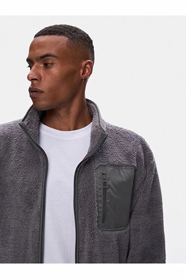 Dik Yaka Düz Gri Ceket - 5