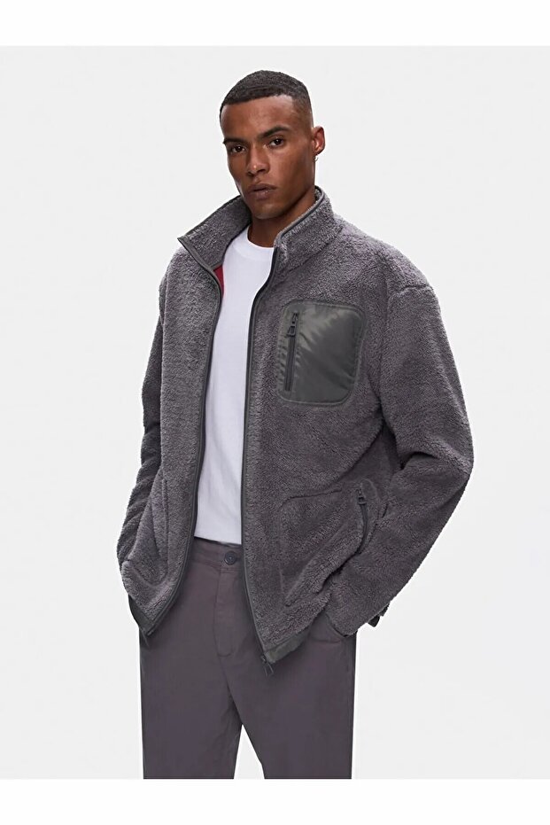 Dik Yaka Düz Gri Ceket - 2