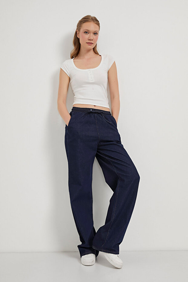 Women's Elastic Waist Wide Leg Navy Baggy Jeans