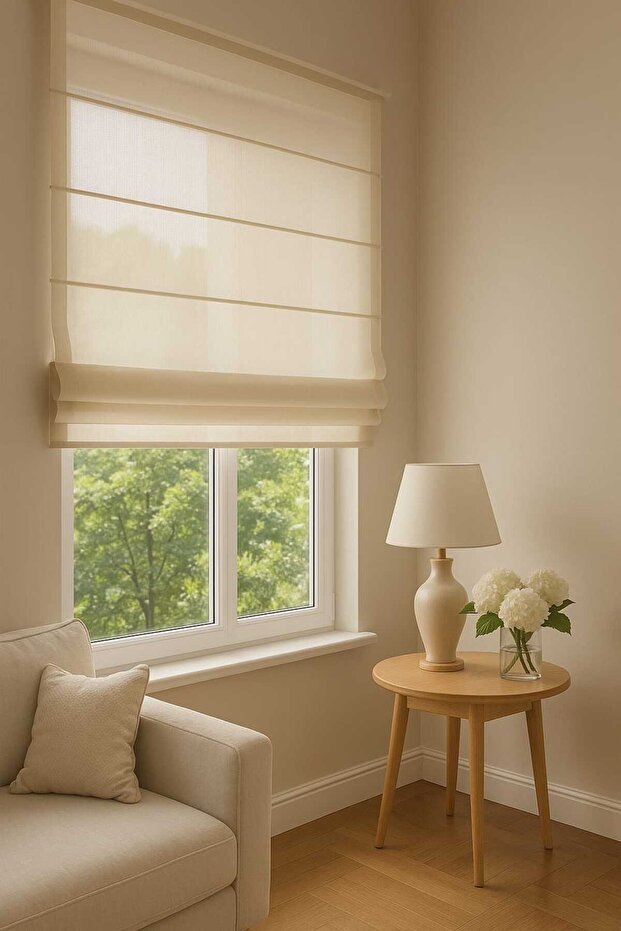 Ince Krem Keten Katlamalı Perde - 2