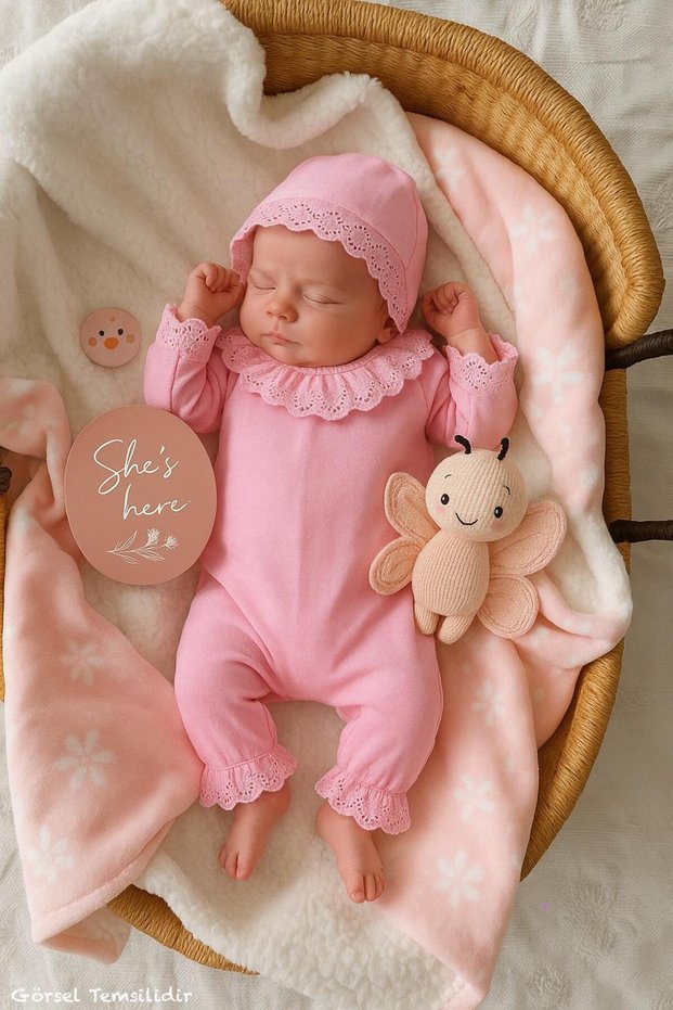 New Born Baby Girl Rosa Jumpsuit Set Terikoton Ruched Woven Baby Set with Lora Hat 0-6 Months
