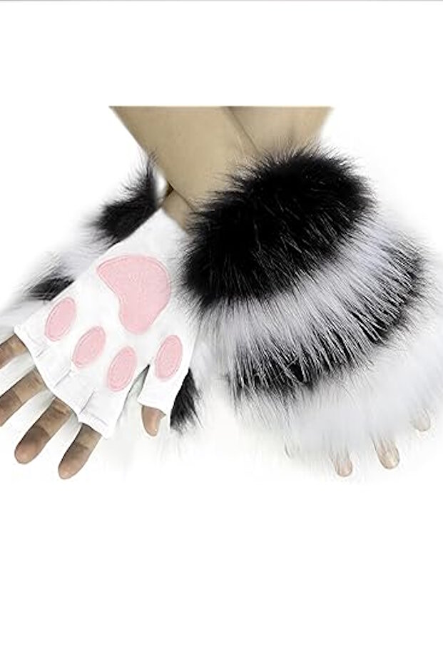 Black and White Color Paw Plush Gloves