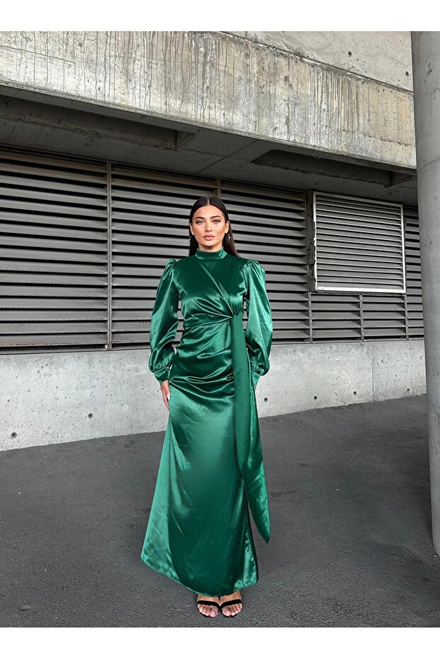 Side Tie Pleat Detailed Satin Evening Dress Emerald 583236