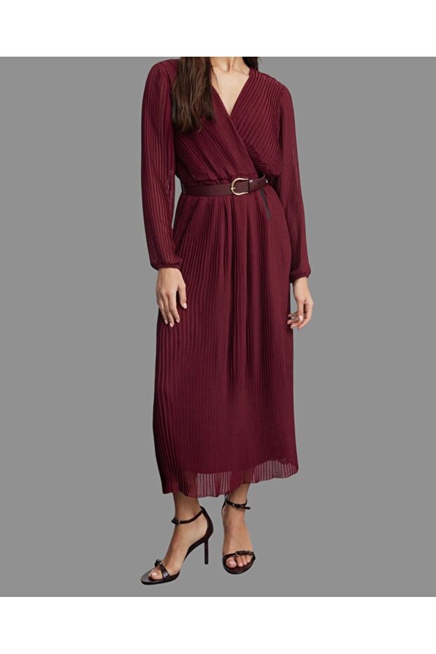 BordoKemerli A Kesim Piliseli Maxi Astarlı Şifon Uçuş Uçuş Dokuma Elbise - 1