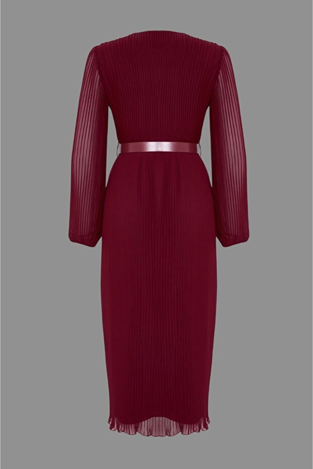 BordoKemerli A Kesim Piliseli Maxi Astarlı Şifon Uçuş Uçuş Dokuma Elbise - 7