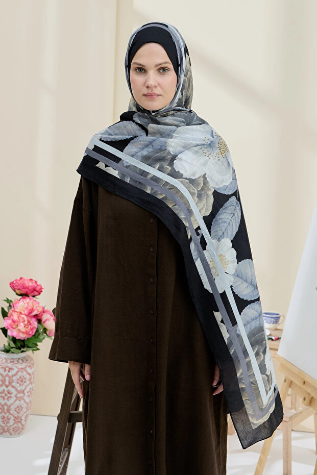 Gül Desen Bambu Şal - 1