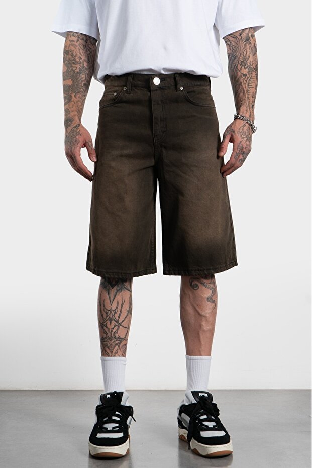 Acid Washed Kahve Baggy Jean Erkek Şort - 1