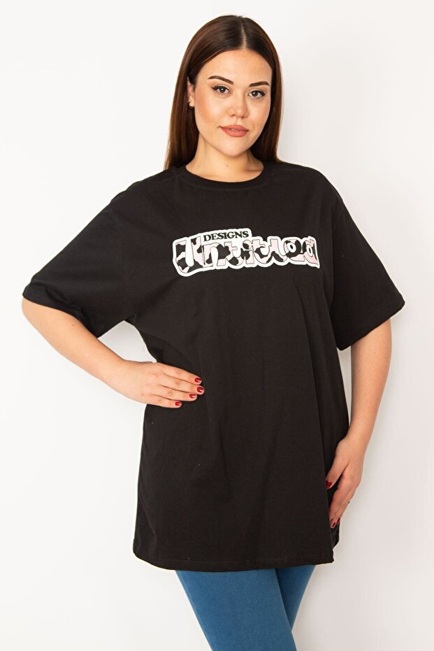 Women's Large Size Black Digital Printed Cotton Fabric Blouse 65n33273