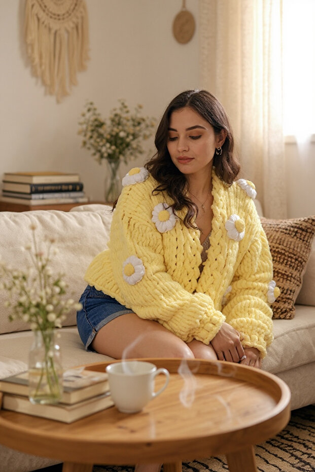 Handmade Butter Yellow Floral Chunky Puffy Cardigan