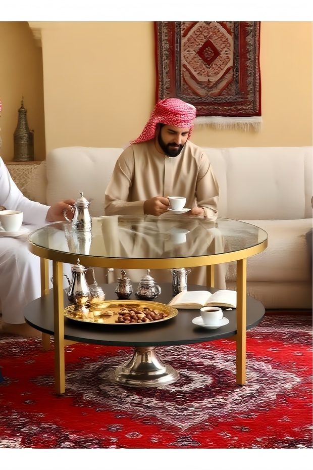 طاولة قهوة زجاجية من طبقتين، طاولة مركزية مستديرة كبيرة مع رف تخزين مفتوح، طاولة جانبية حديثة - 4