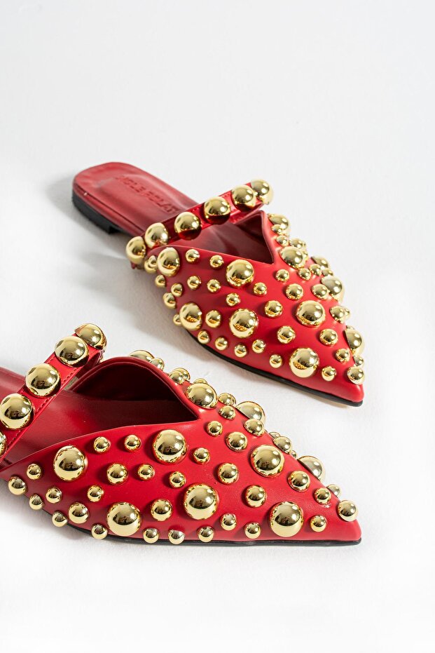 Women's Loja Red Gold Tropu Flat Sole Slippers Pointed Toe