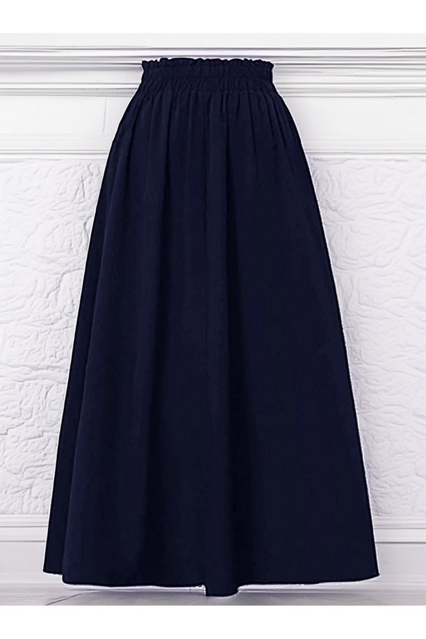 Women's Dark Blue Pocketed Woven 100% Cotton Linen Flared Midi Skirt