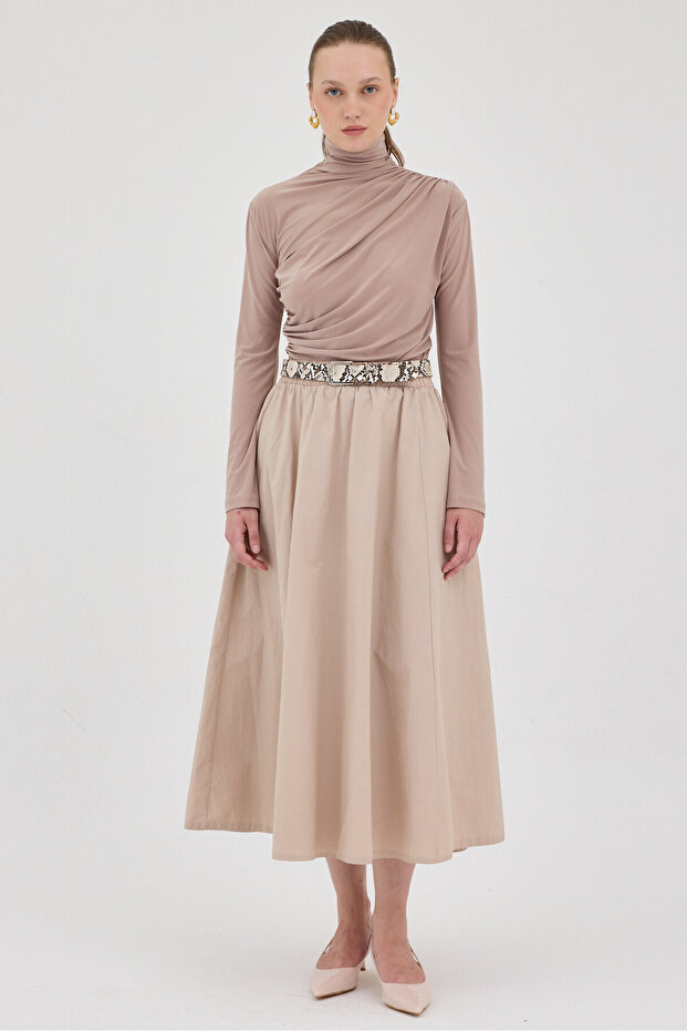 2517 Drawstring Long Sleeve Blouse Beige - 3