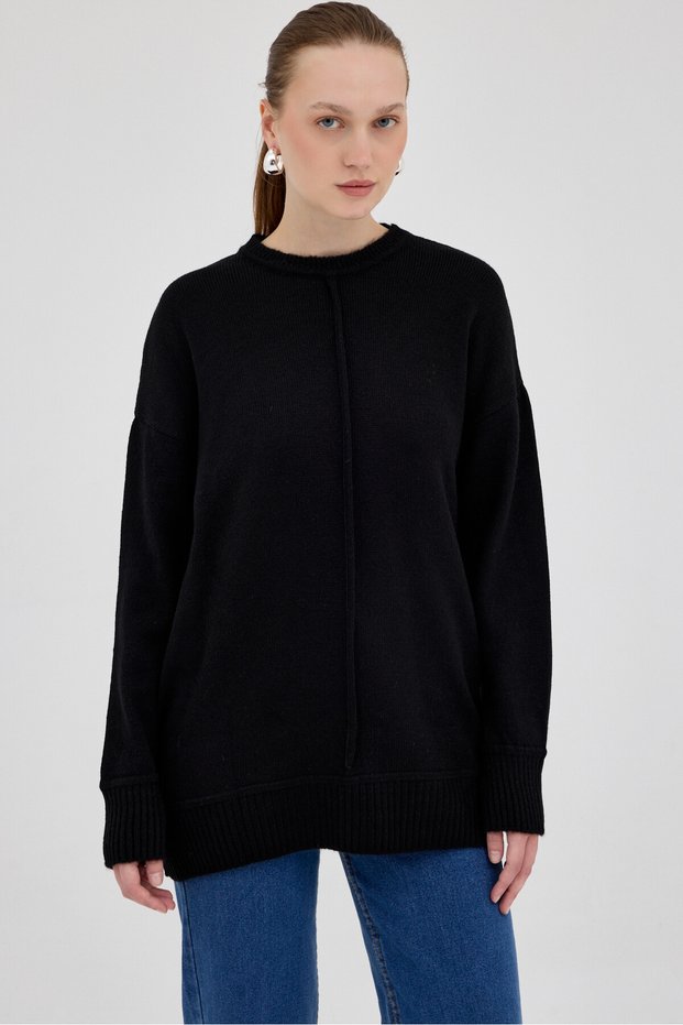 Black Oversize Crew Neck Women's Sweater 2345