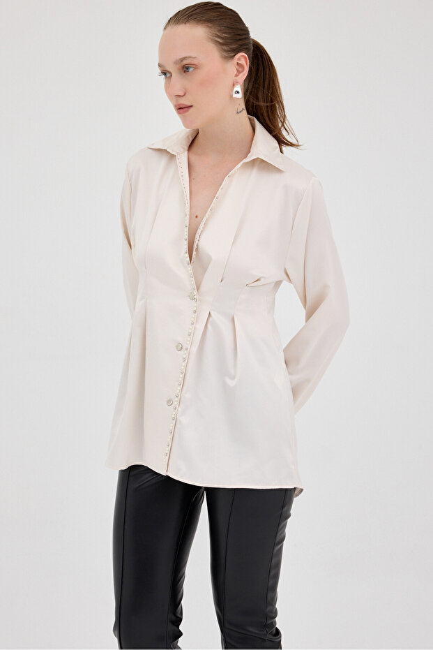 8149A İnci Detay Bel Piliseli Gömlek Bej - 6