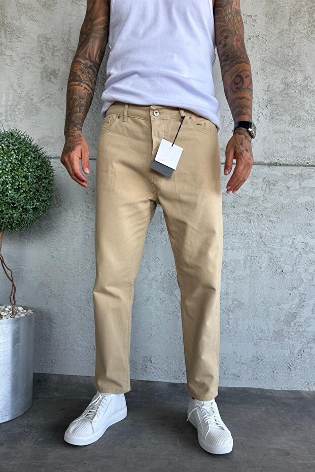 Denim Fabric Beige Boyfriend Fit Men's Jean Jeans Ke-835