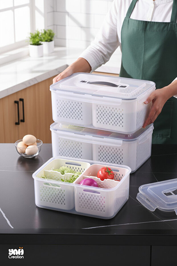 YAH XL Smart Kitchen Storage Box -Airtight Fridge & Pantry Organizers (2 Draining Baskets /Dividers)