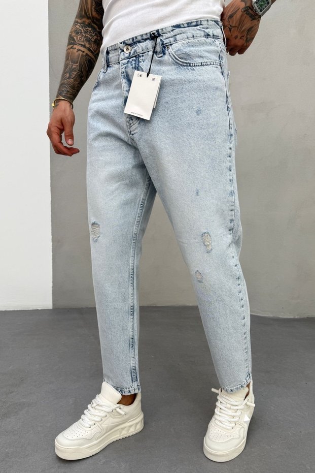 Boyfriend Fit Snow Wash Men's Ice Blue Ripped Detailed Denim Fabric Jean Jeans Trousers Ke-09