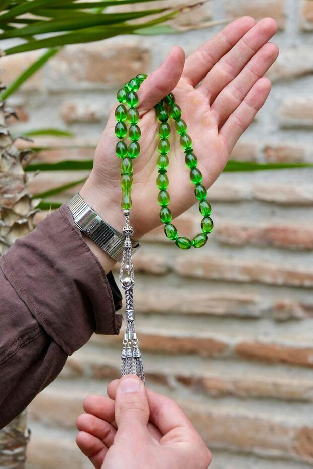 Yeşil Kaya Damla Kehribar Special Silver Design Prayer Beads (Amber), (Amber Drop Prayer Beads)